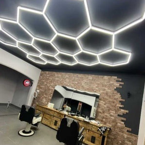14-grid hexagon LED lighting system for garages and gyms