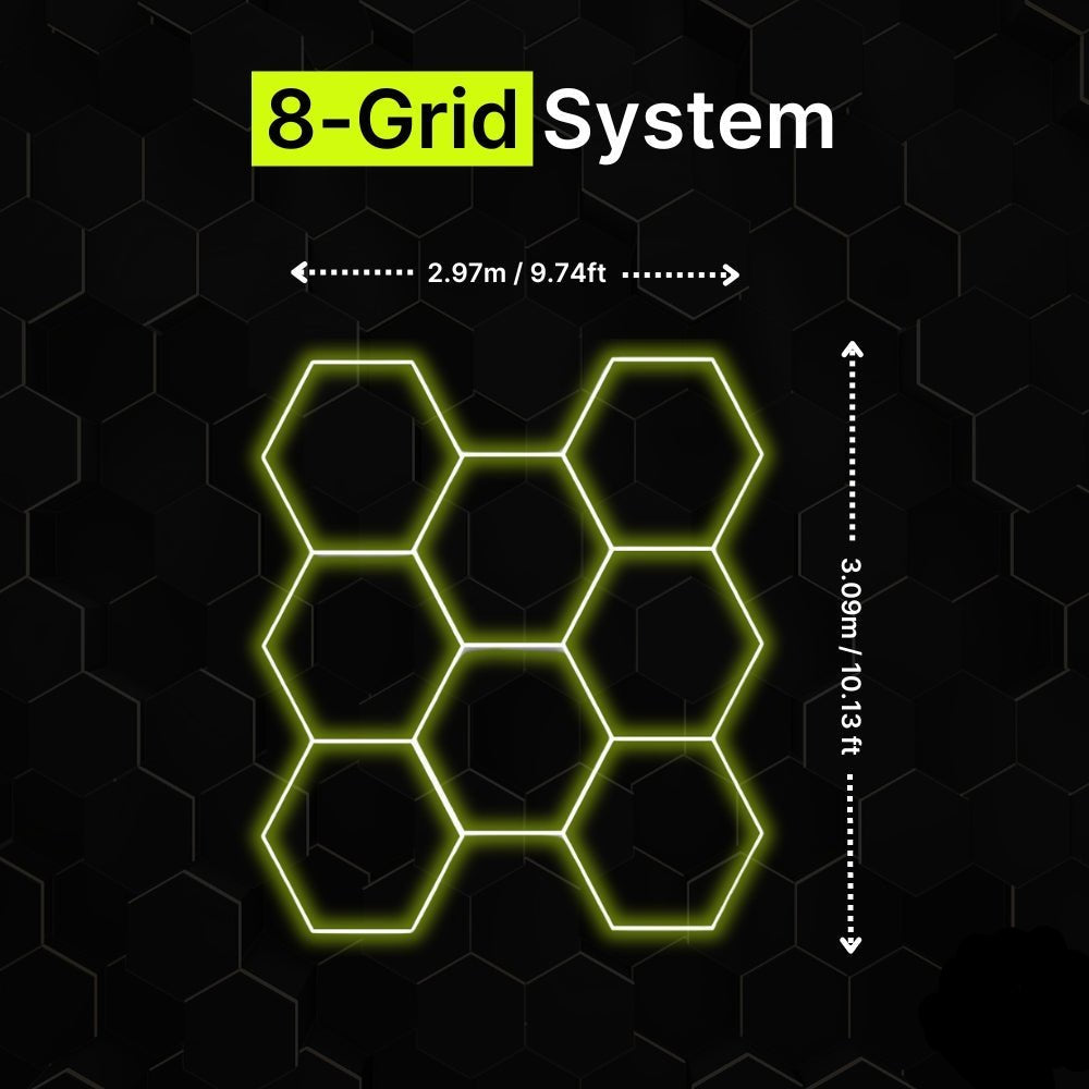 8-grid hexagon LED lighting system for garages and gyms