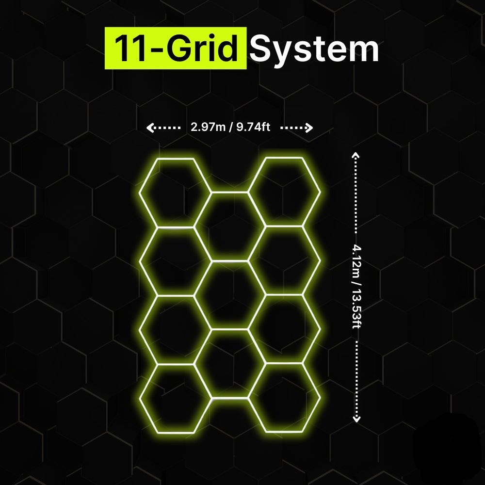 11-grid hexagon LED lighting system for garages and gyms