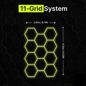 11-grid hexagon LED lighting system for garages and gyms