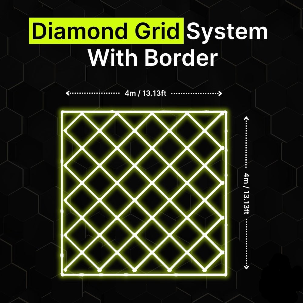 Diamond grid LED lighting system with border for garages and gyms