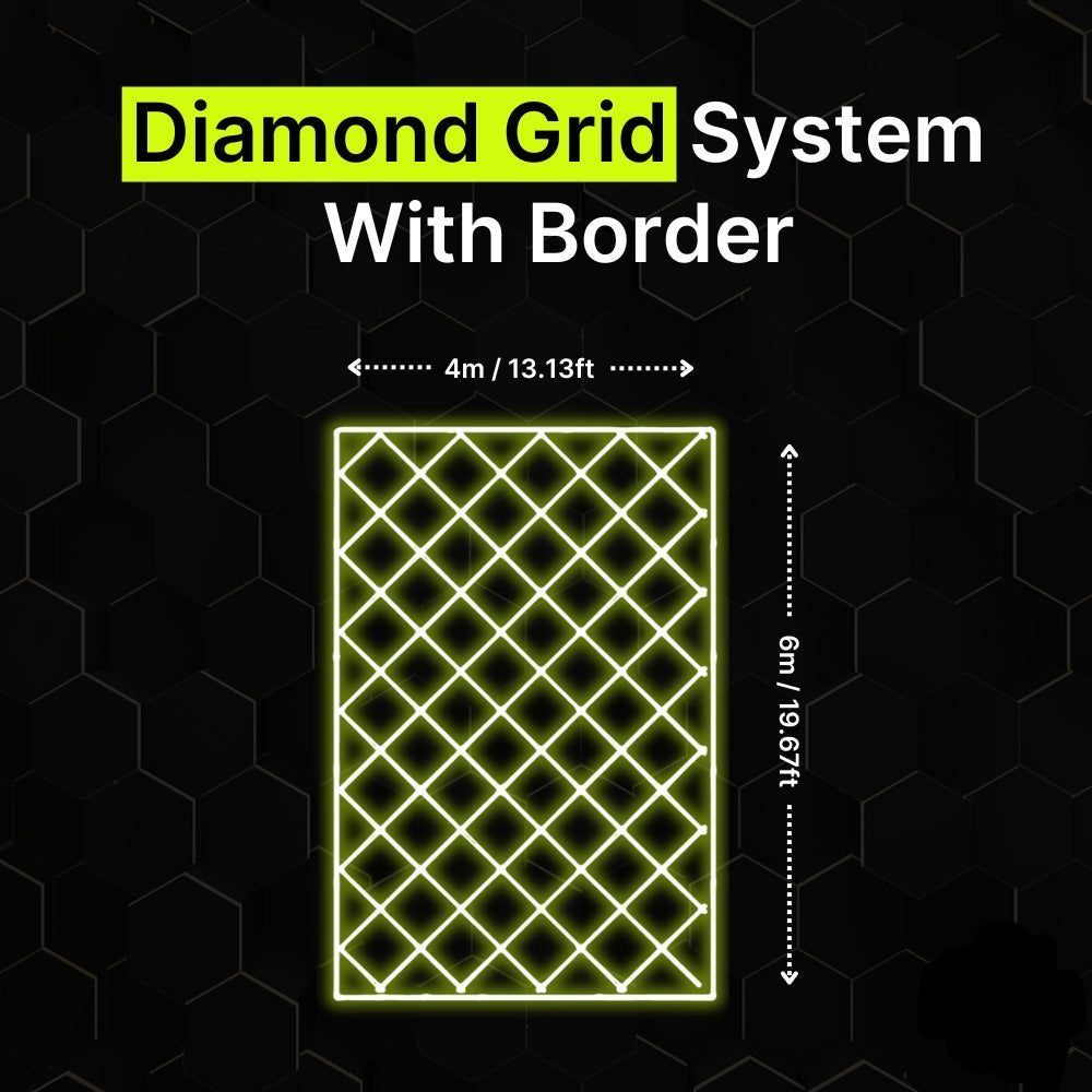 Diamond grid LED lighting system with border for garages and gyms