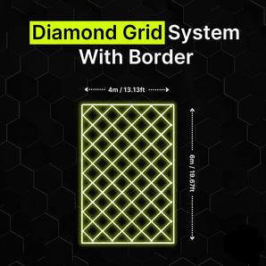 Diamond grid LED lighting system with border for garages and gyms