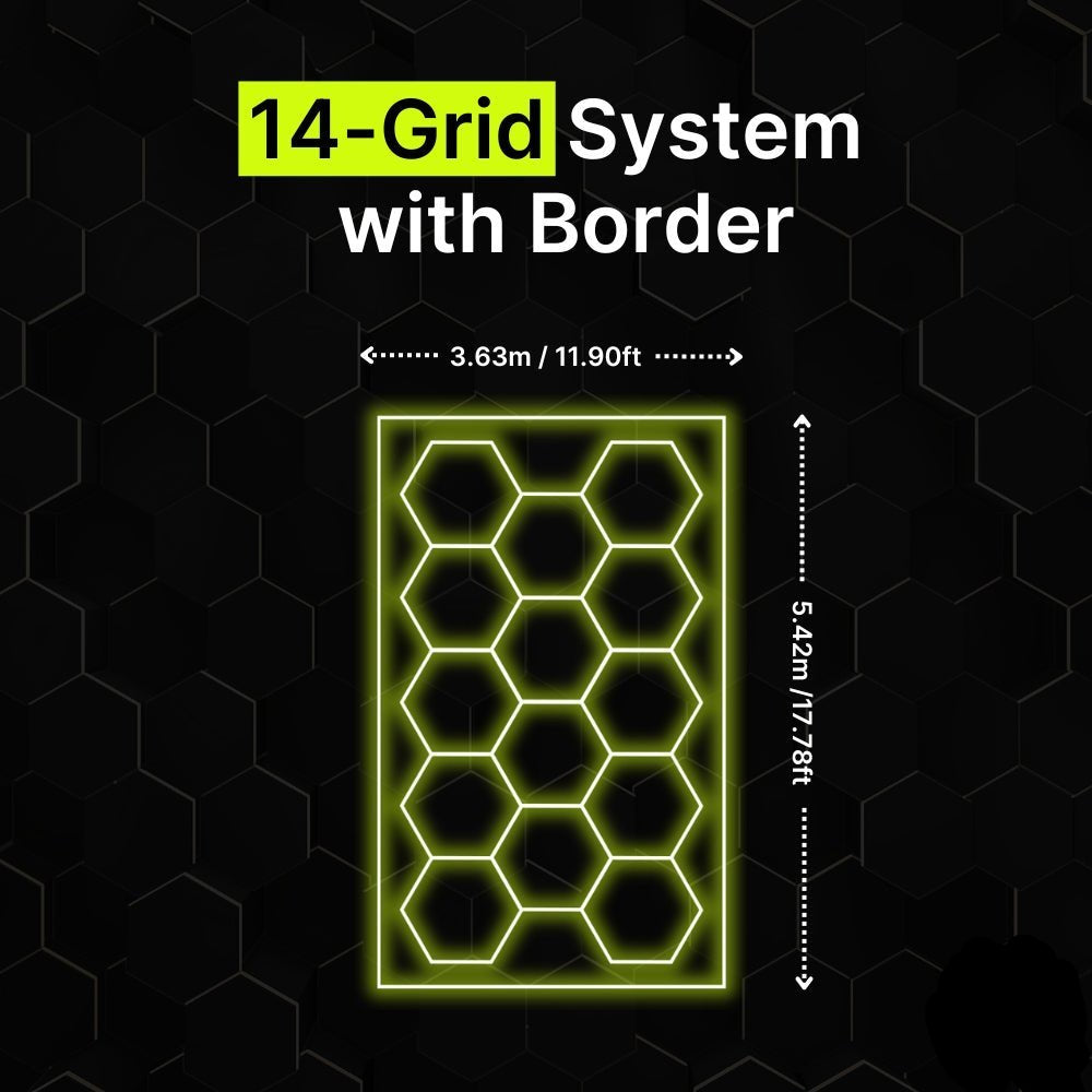 14-grid hexagon LED lighting system with border for garages