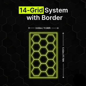 14-grid hexagon LED lighting system with border for garages