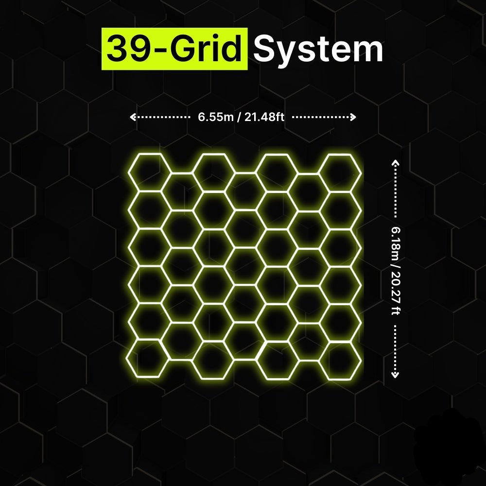 39-grid hexagon LED lighting system for garages and gyms