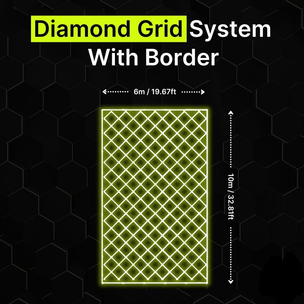 Diamond grid LED lighting system with border for garages and gyms