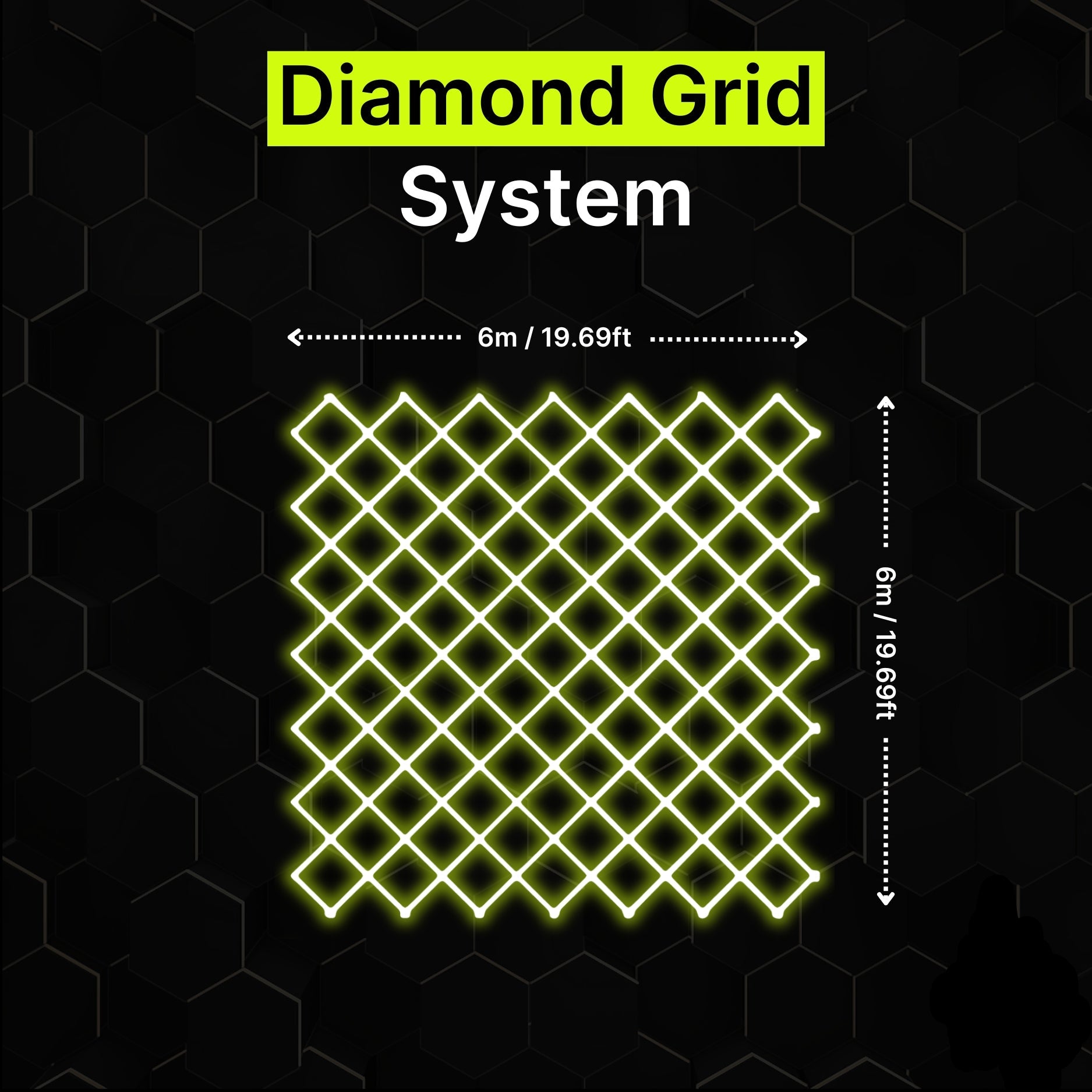 Diamond grid LED lighting system 6m x 6m for garages and gyms