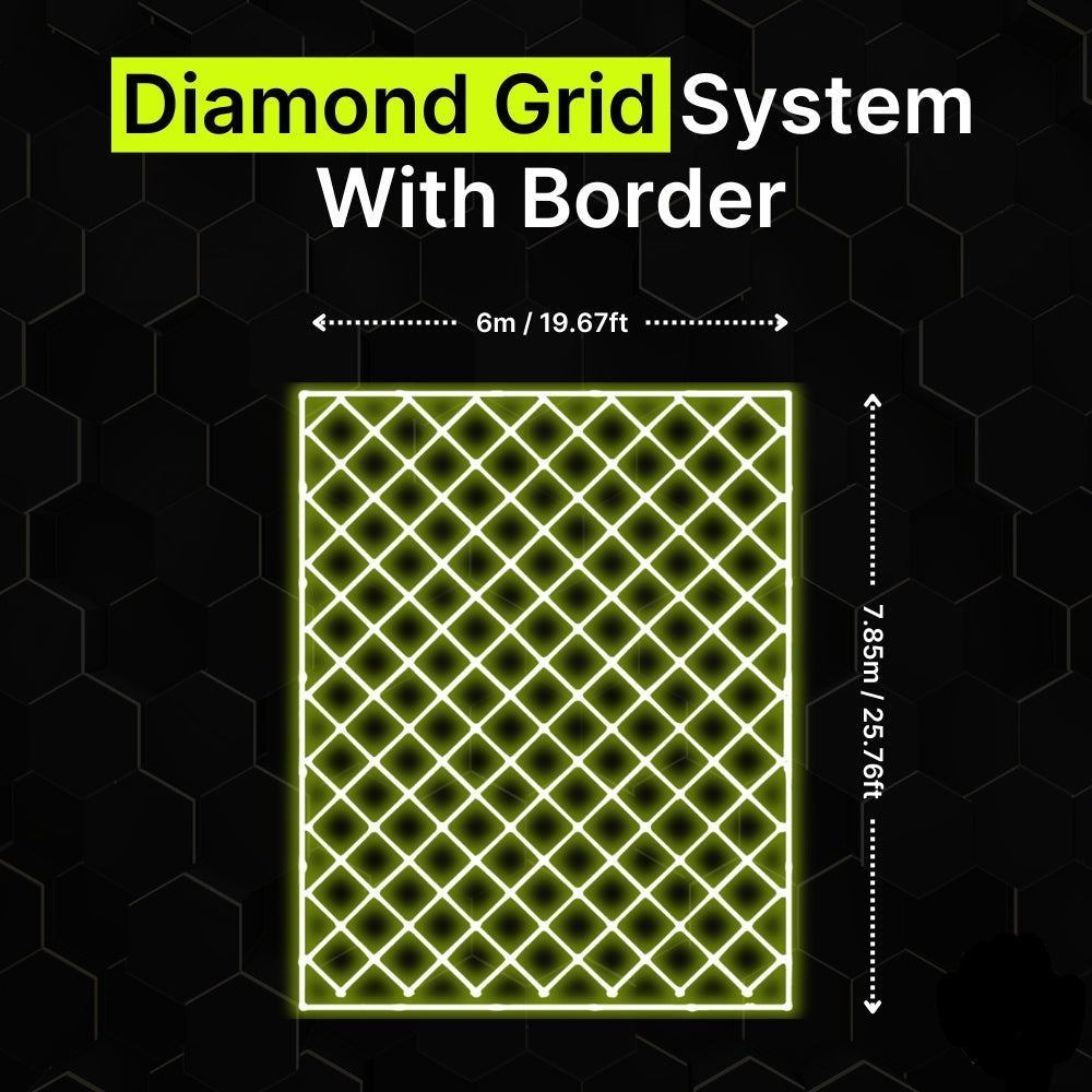 Diamond grid LED lighting system with border for garages and gyms