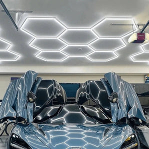 8-grid hexagon LED lighting system for garages and gyms
