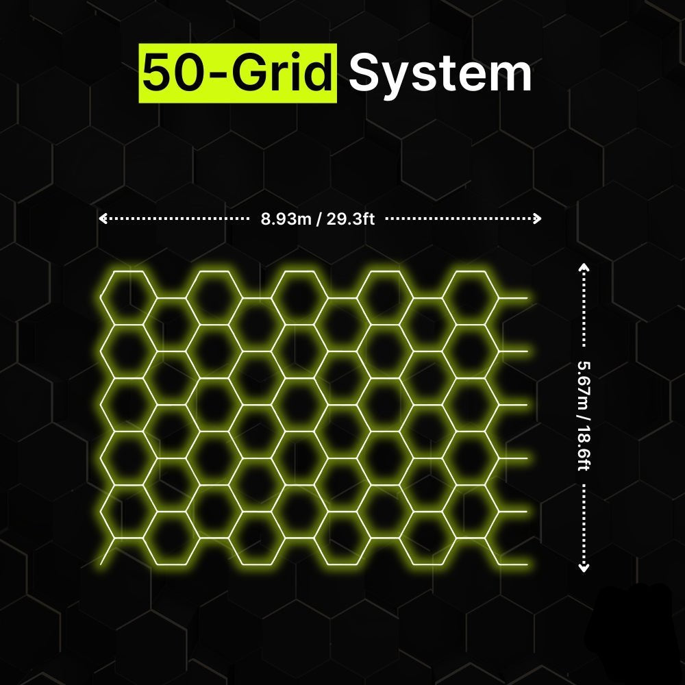 50-grid hexagon LED lighting system for garages and gyms