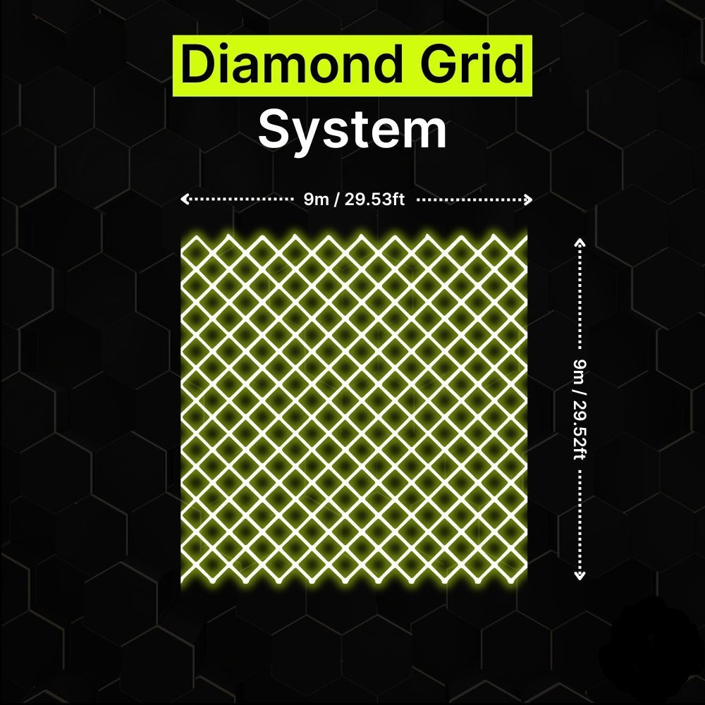 Diamond grid LED lighting system 9m x 9m for garages and gyms