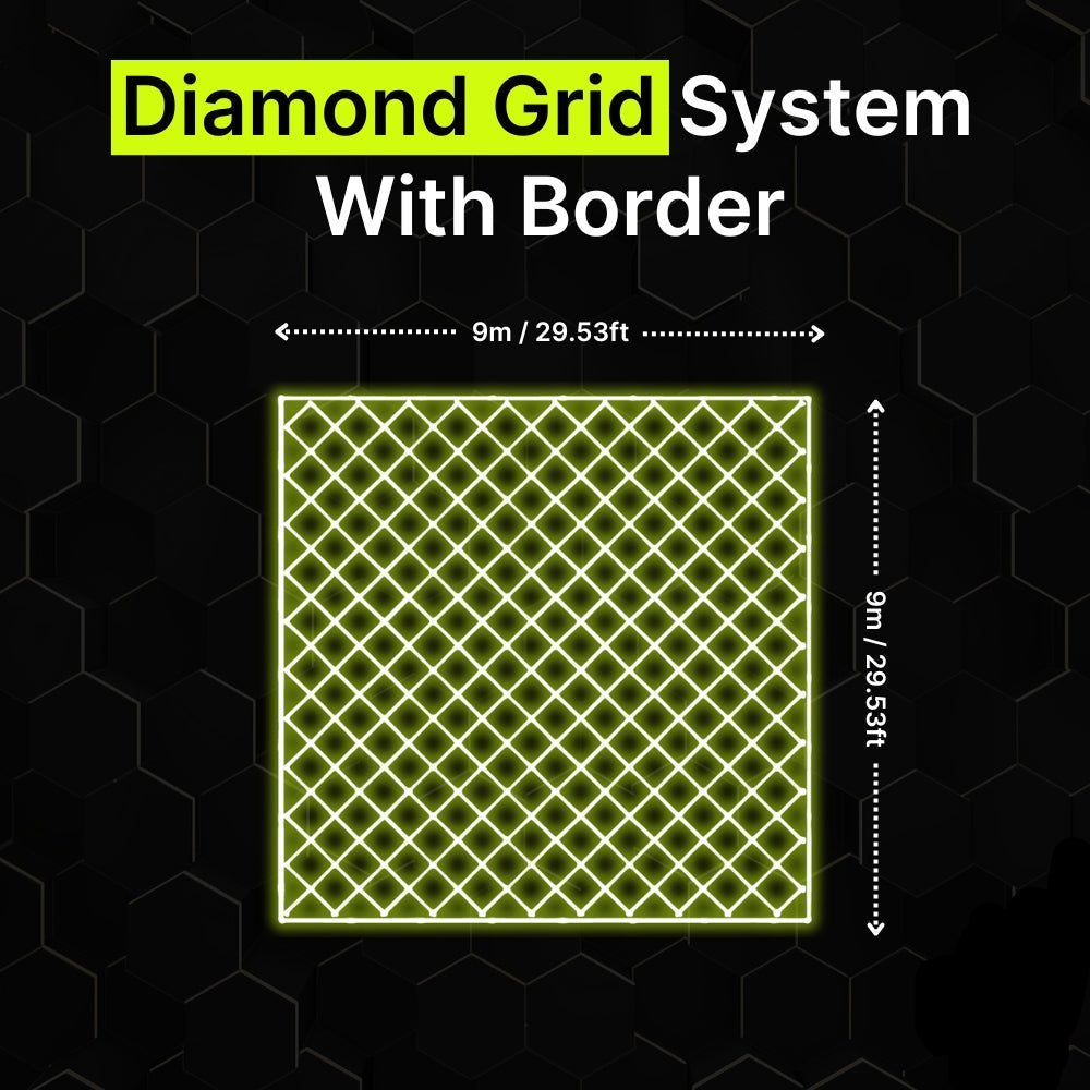 Diamond grid LED lighting system with border for garages and gyms